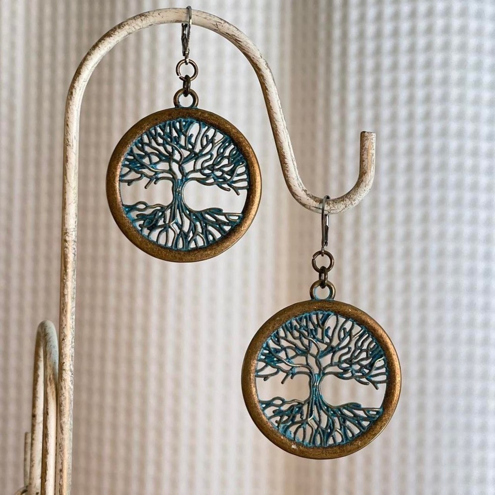 Tree of Life Bronze & Teal Dangle Surgical Steel Lever Back Earrings Bohemian